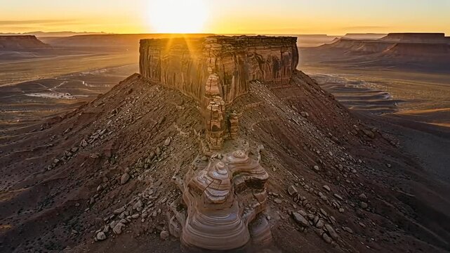 Sunlight rises over a dramatic desert mesa, highlighting layered rock formations and vast open land.