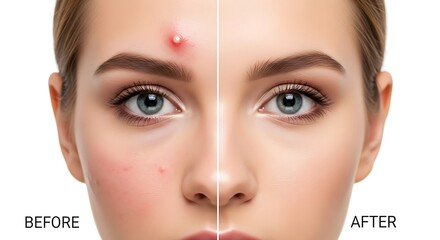 Before and after comparison of a woman's face showing skin with and without acne