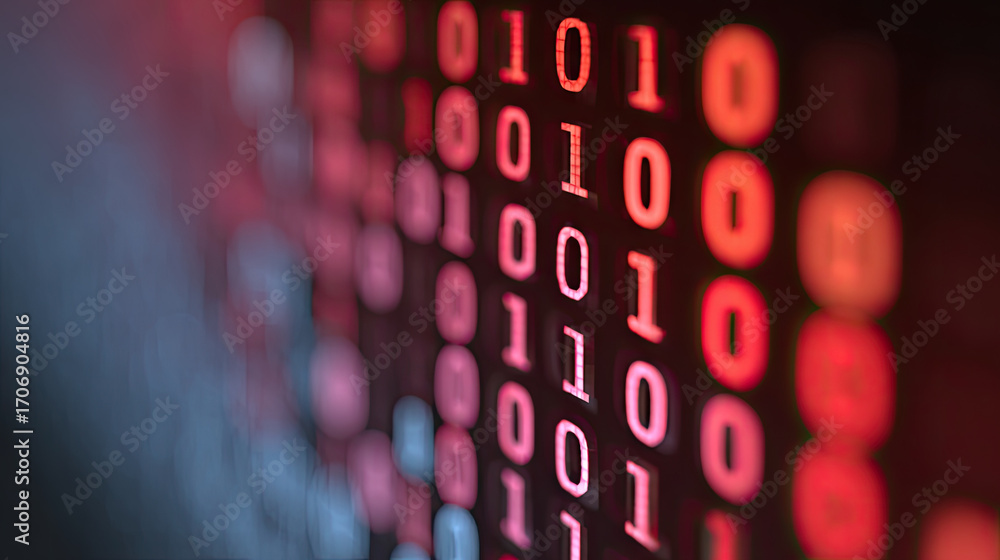 Poster binary code with red and blue digital data on screen