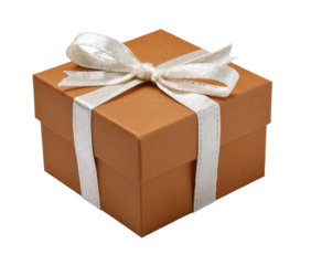 Square, tan gift box with cream ribbon