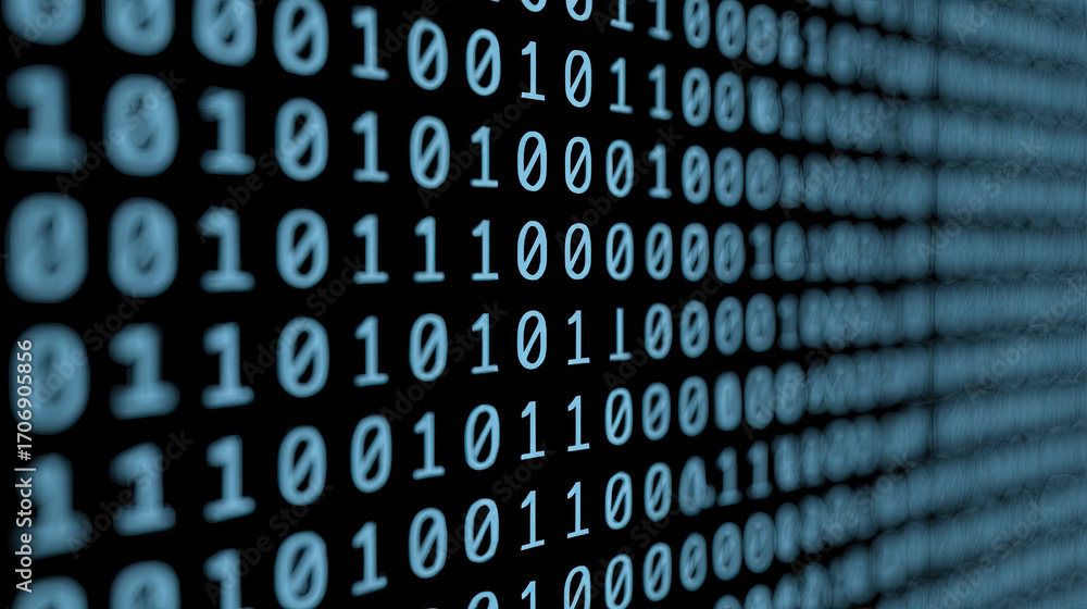 Poster binary code pattern glowing on digital screen in dark environment