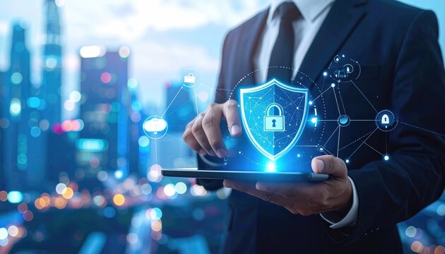 Businessman interacts with digital shield on tablet. Cityscape blurred background