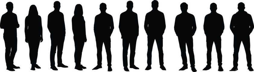 Silhouettes of diverse group standing, men and women in casual clothing, teamwork, social gathering, isolated black figures, unity, white background.