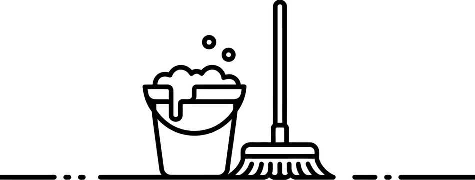 cleaning tools: bucket, mop, bubbles, black outline clip art preview
