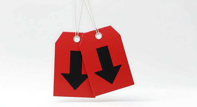 Two red tags with black downward-pointing arrows hanging against a white background, symbolizing a price drop or sale.