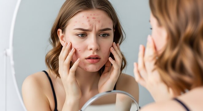 Woman with acne looking at herself in a mirror with a concerned facial expression