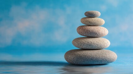 A pyramid of five stones on a blue background.