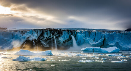 A dramatic scene of a massive glacier melting into cascading waterfalls, with icy blue tones, floating icebergs, and golden sunlight breaking through clouds, highlighting the power and fragility of na