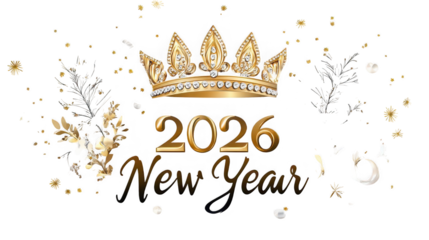 Happy new year 2026 lettering with golden crown isolated on transparent background
