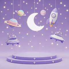 Naklejka premium 3d kid background. Galaxy space podium, rocket planet and toy spaceship as star children products promo presentation, birthday room. Cute cartoon childish banner backdrop. Vector showcase