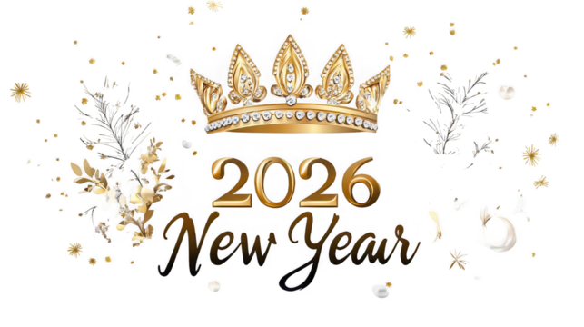 Happy new year 2026 lettering with golden crown isolated on transparent background