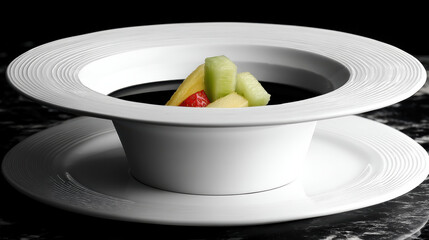 White porcelain bowl with tropical fruit salad and melon cubes in minimalist black background evoking dreamy playful mood