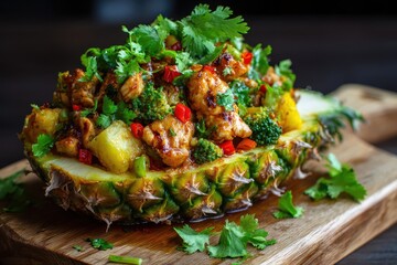 Delicious Pineapple Fried Rice with Chicken and Broccoli.