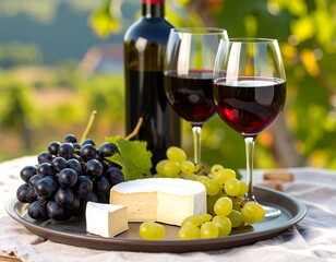 Wine, cheese, and grapes on a tray outdoors