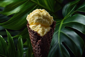 Delicious Scoop of Vanilla Ice Cream in a Waffle Cone Amidst Lush Green Tropical Leaves.