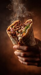 Delicious Shawarma Wrap - A Handheld Culinary Delight with Steaming Meat.