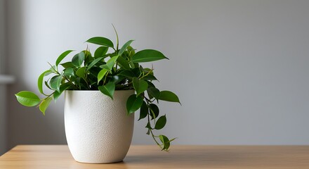 A lush green potted plant with trailing vines sits in a white ceramic pot on a wooden surface against a plain gray background.