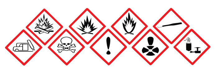 Globally Harmonized System (GHS) hazard Warning symbols with red curved outline isolated on transparent background. All 9 GHS chemical labelling stickers
