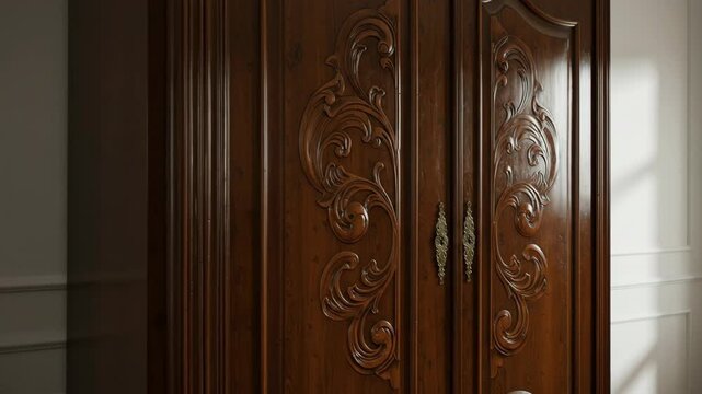 Elegant antique wooden wardrobe with ornate carvings and brass hardware.