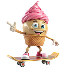 Cartoon Ice Cream Cone Character Riding Skateboard on Transparent Background