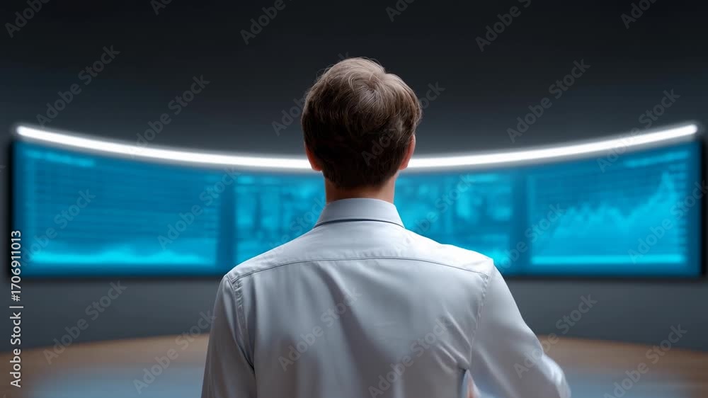 Aufkleber man analyzing financial data analytics for valuable business insights, using futuristic screen for a