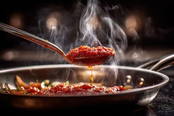 Delicious tomato sauce being poured into a pan with steam.