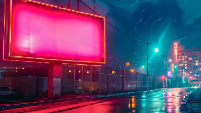 Blank Neon Billboard Mockup on Rainy City Street at Night