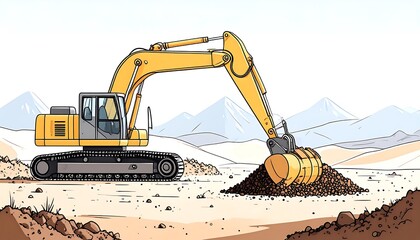 Illustration of a yellow excavator in a desert landscape