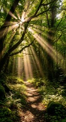 Obraz premium Sunlight streams through a dense forest, illuminating a pathway through the verdant undergrowth.