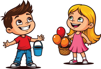 Happy cartoon boy and girl holding bucket and balloons, smiling kids illustration, fun childhood 
