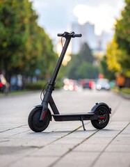 Black electric scooter on city street