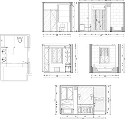 “Interior Furniture Layout Plan and Elevation – Luxury Master Bathroom and Toilet Vector Design”