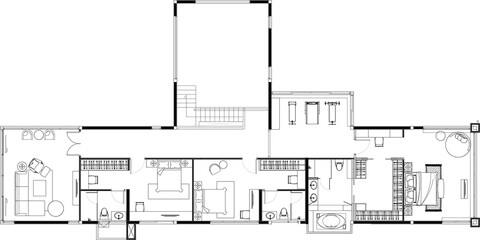 “Residential Building 2nd Floor Furniture Layout Plan – Bedroom, Living Room, Gym Vector Design”