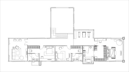 “Residential Building 2nd Floor Furniture Layout Plan – Bedroom, Living Room, Gym Vector Design”