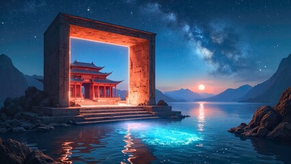 Orange framed light gate architectural landscape