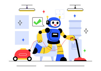 Robotics in Daily Life Vector Illustration featuring Robots and Automated Systems Assisting Human Activities with Remote Control and Automation