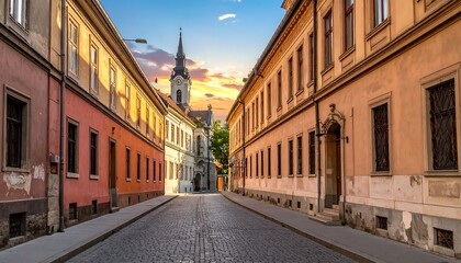 Fototapeta premium Narrow European street at sunrise