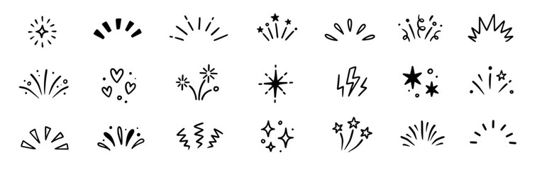 Line surprise icon element set. Hand drawn line sun bursts, cartoon star sparkles, and playful surprise rays with comic starburst and whimsical sunshine comic effect elements. Vector illustration