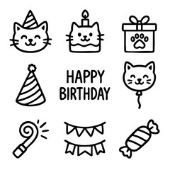 Fototapeta premium A set of doodle line icons showing a cat-themed birthday party with gifts, cake, decorations, candy, and festive elements