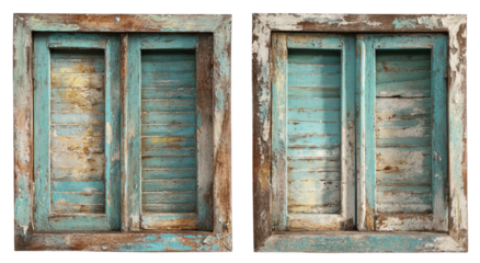 Two weathered, teal-painted wooden shutters