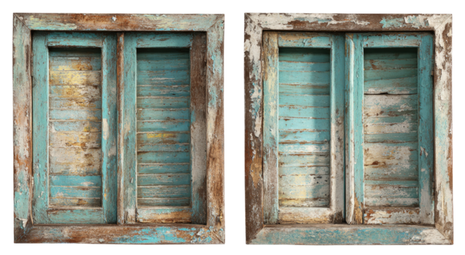 Two weathered, teal-painted wooden shutters