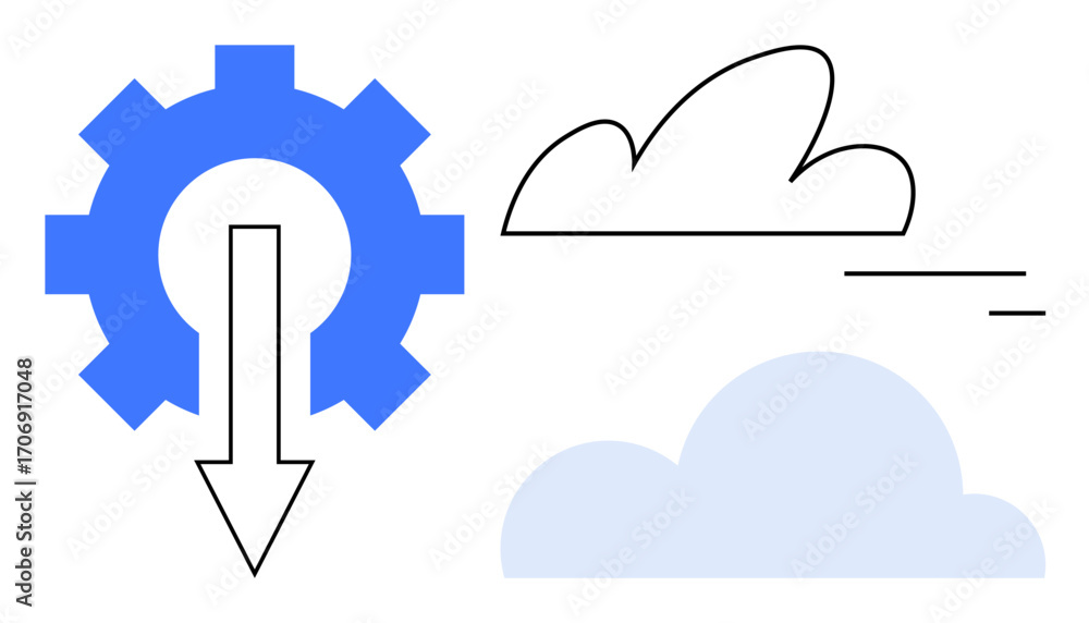 Poster gear with downward arrow and stylized clouds representing cloud computing, data download, and integr