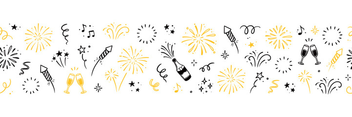 New year firework background. Hand drawn festive background with doodle firework, star and confetti sketch for birthday, party or new year design. Doodle party festive pattern. Vector illustration © Polina Tomtosova