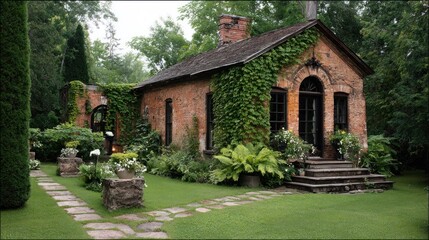 Rustic brick cottage, overgrown with ivy, nestled in a garden