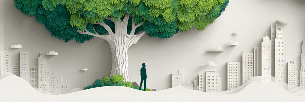 The person who knows. Tree, Achieve sustainable growth, World Environment Day. White eco urban city and nature landscape background paper art style. - Powered by Adobe