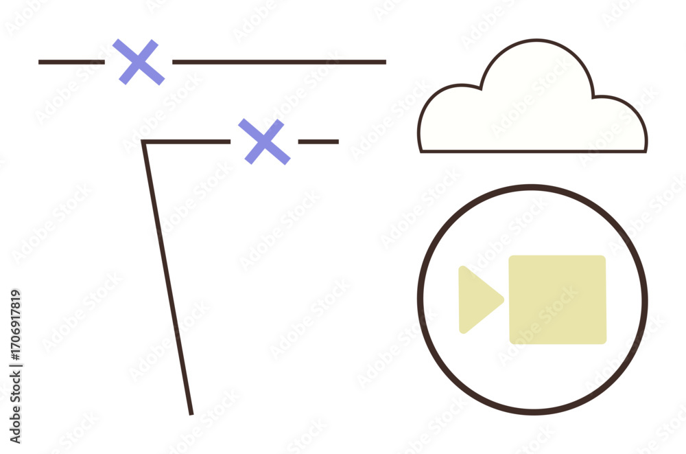Poster cloud element above video camera icon with two crossed lines signifying online networking and stream