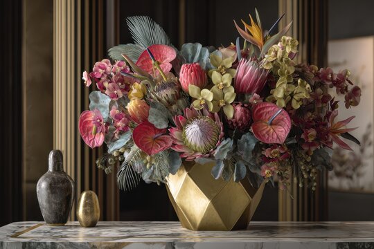 Elegant Floral Arrangement in a Modern Gold Vase.