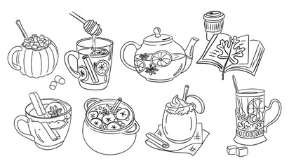 Black and white illustration of cozy fall drinks, mugs, teapot and seasonal ingredients. Hand drawn coloring page representing warmth, comfort and autumn beverage traditions