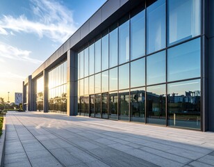 Fototapeta premium Modern Office Building Facade with Reflective Glass Windows under Blue Sky in Daylight