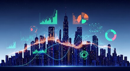 A futuristic city skyline overlaid with vibrant, dynamic data visualizations, showcasing financial and growth indicators at night.
